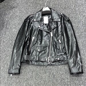 Mango Black Croc-Pattern Leather Jacket